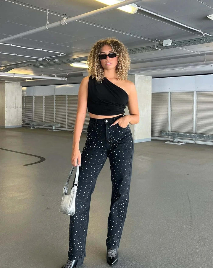 Women's Straight Leg Jeans with Embellished Stripe