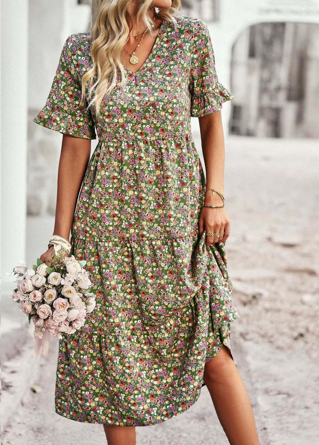 Floral Print Short Sleeve V-Neck Summer Dress