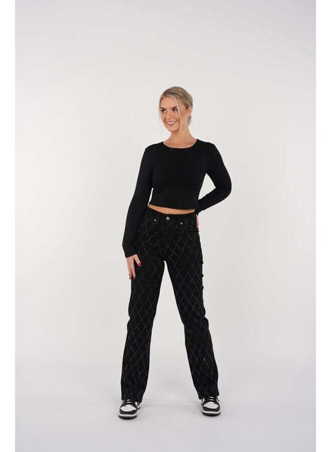 Women's Straight Leg Jeans: Diamond Pattern, Button Fly