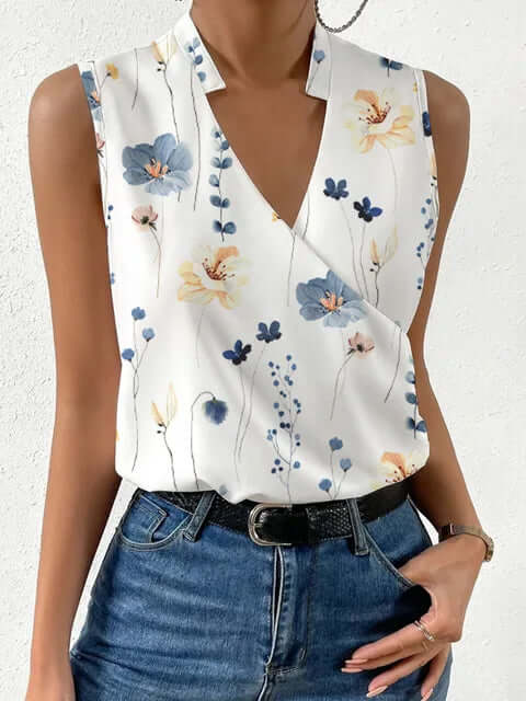 Women's Summer Sleeveless V-Neck Printed Blouse