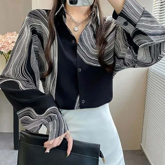 Striped Chiffon Blouse with Lantern Sleeves