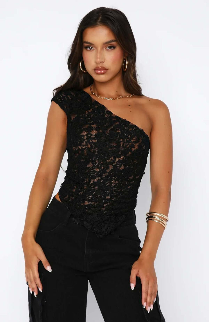 Elegant One-Shoulder Lace Top with Asymmetrical Hem