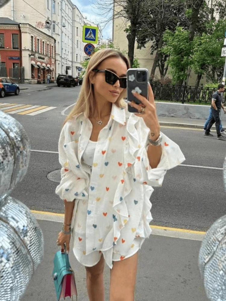 Women's Summer Co-ord Set: Ruffled Blouse & High-Waisted Shorts