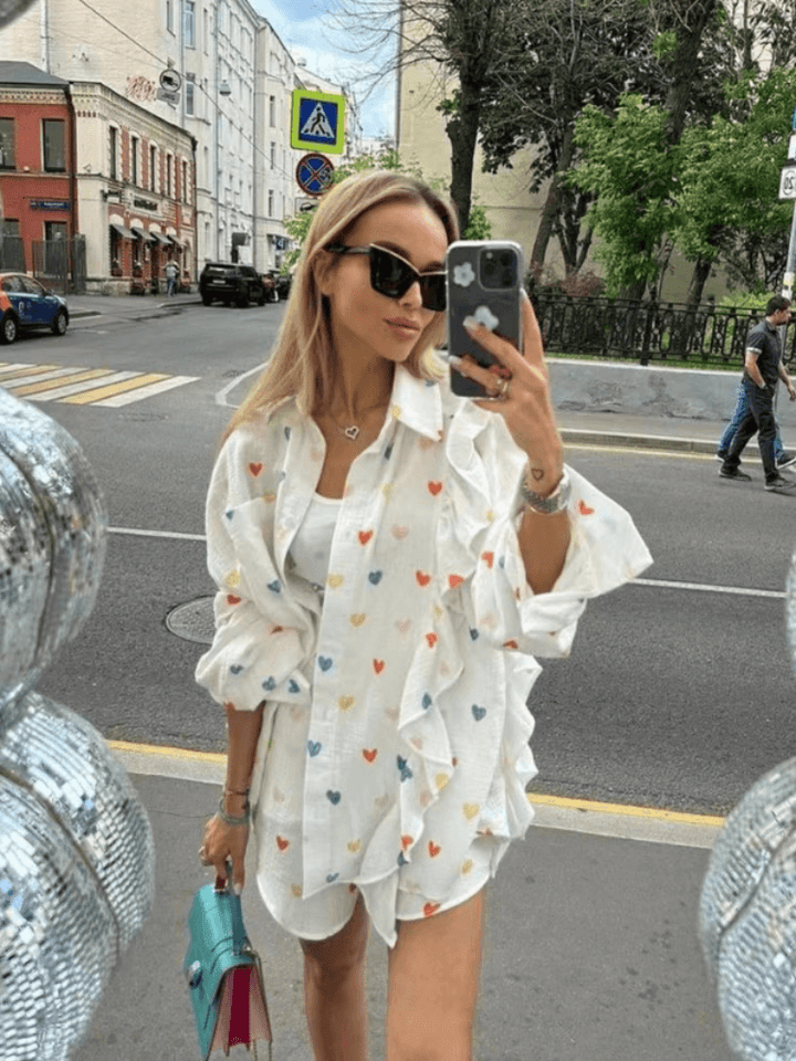 Women's Summer Co-ord Set: Ruffled Blouse & High-Waisted Shorts