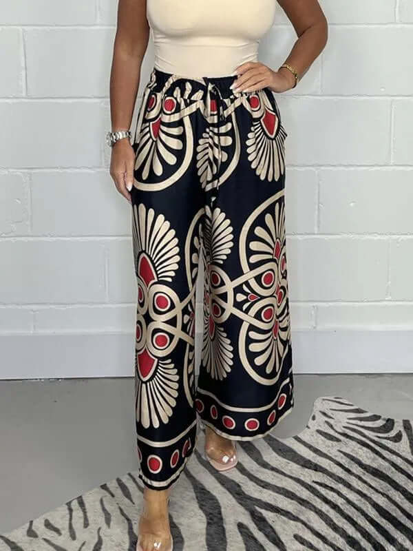 Women's Wide Leg Palazzo Pants: Geometric Print, Elastic Waist