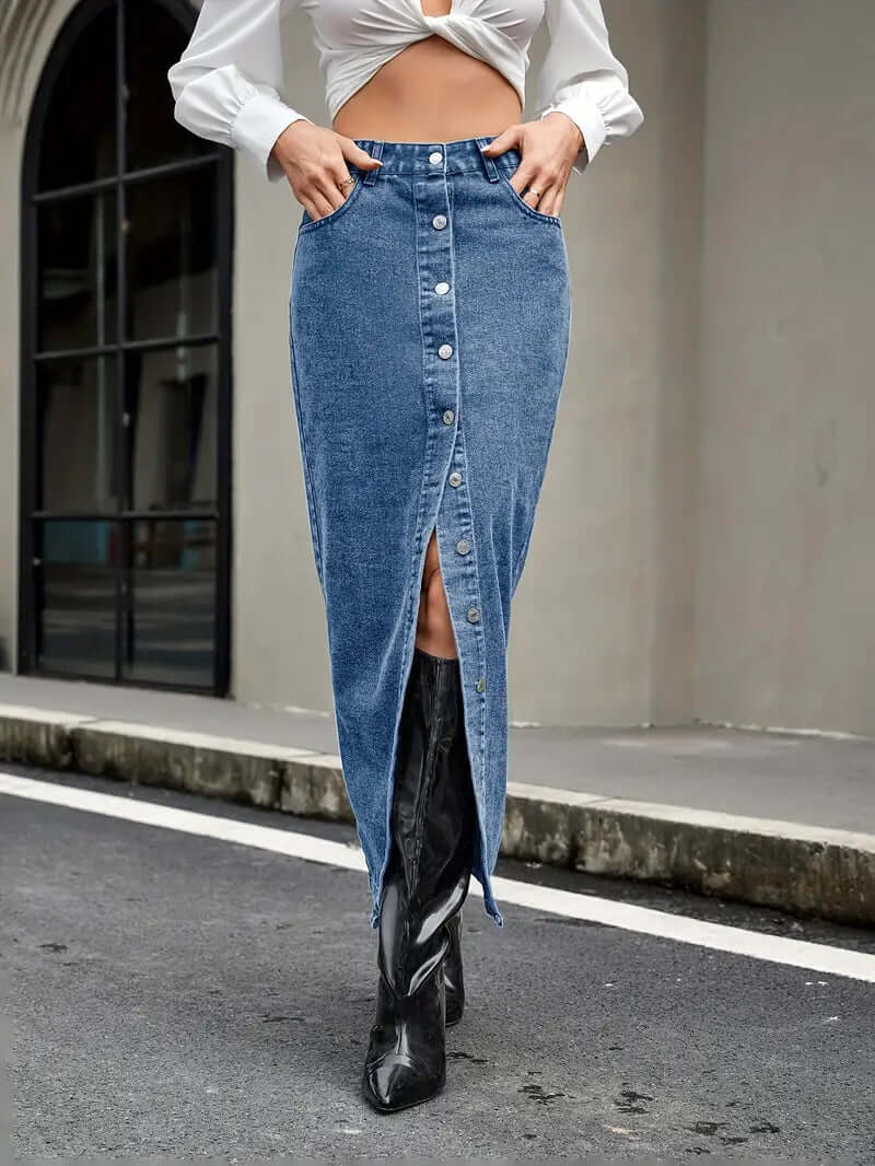 Women's Denim Midi Skirt: High-Waisted, Button-Front, Slit