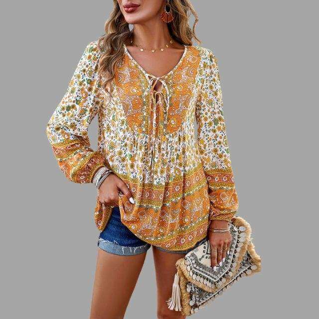 Women's Bohemian Long Sleeve V-Neck Blouse