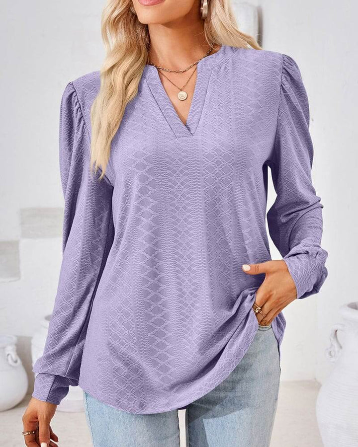 Women's V-Neck Puff Sleeve Blouse: Loose Fit, Elegant Style