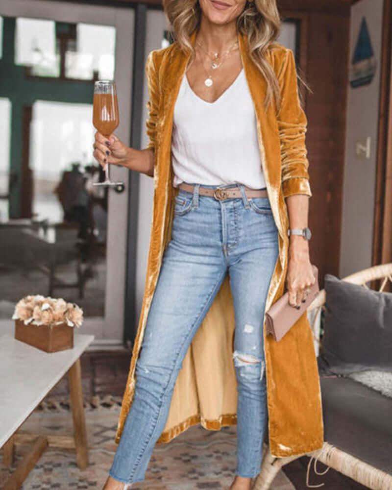 Women's Long Velvet Duster Cardigan - Relaxed Fit, Open Front