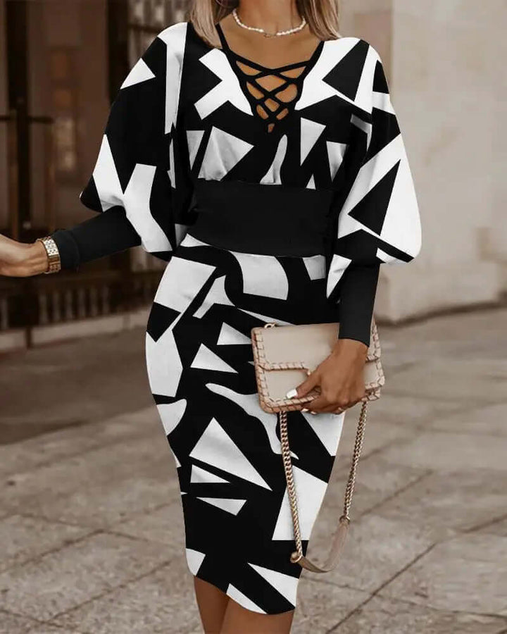 Geometric Print Women's Two-Piece Set: Batwing Top & Midi Skirt