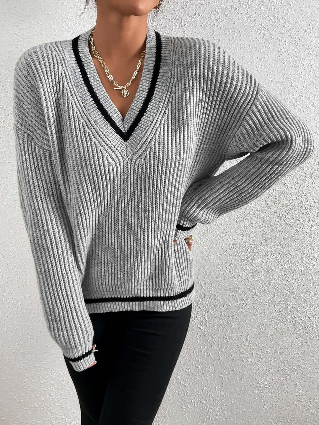 Women's Striped V-Neck Relaxed Fit Sweater