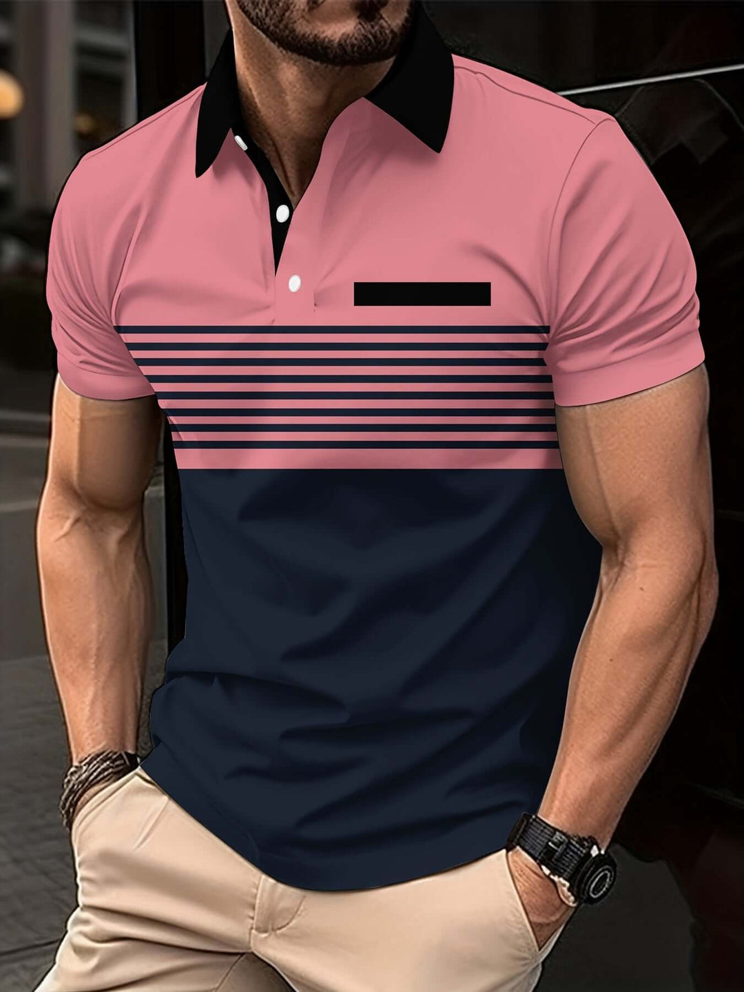 Men's Slim Fit Short Sleeve Polo Shirt with Striped Chest
