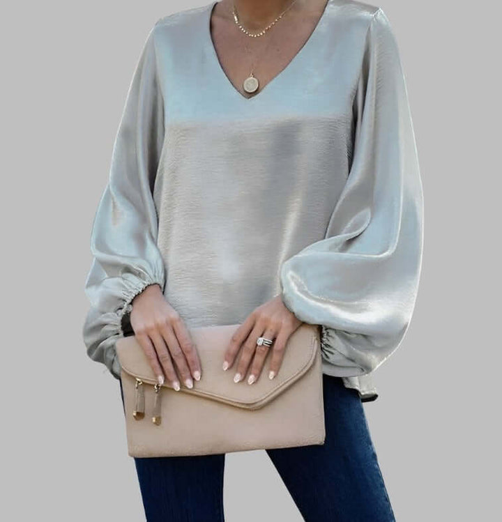 Women's V-Neck Lantern Sleeve Satin Blouse