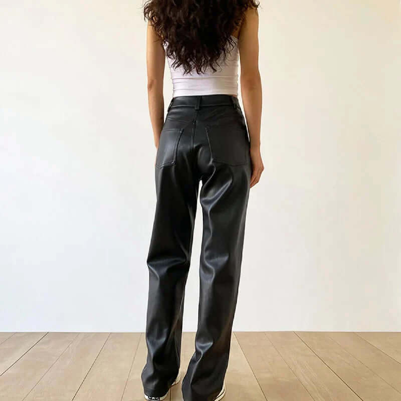 Women's High Waist Straight Leg Leather Pants