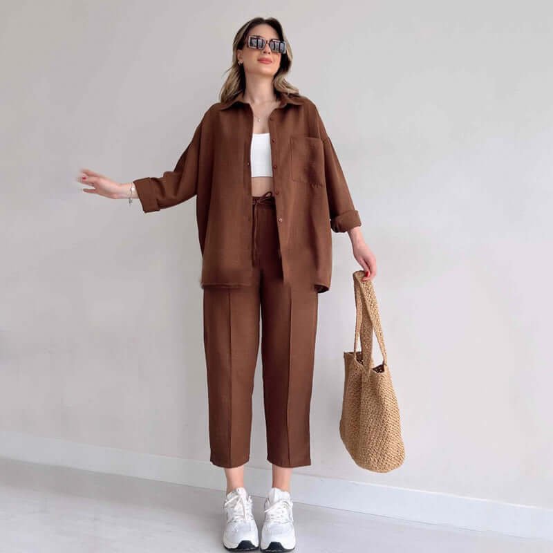 Women's Relaxed Fit Co-ord Set: Oversized Shirt & Wide Leg Trousers