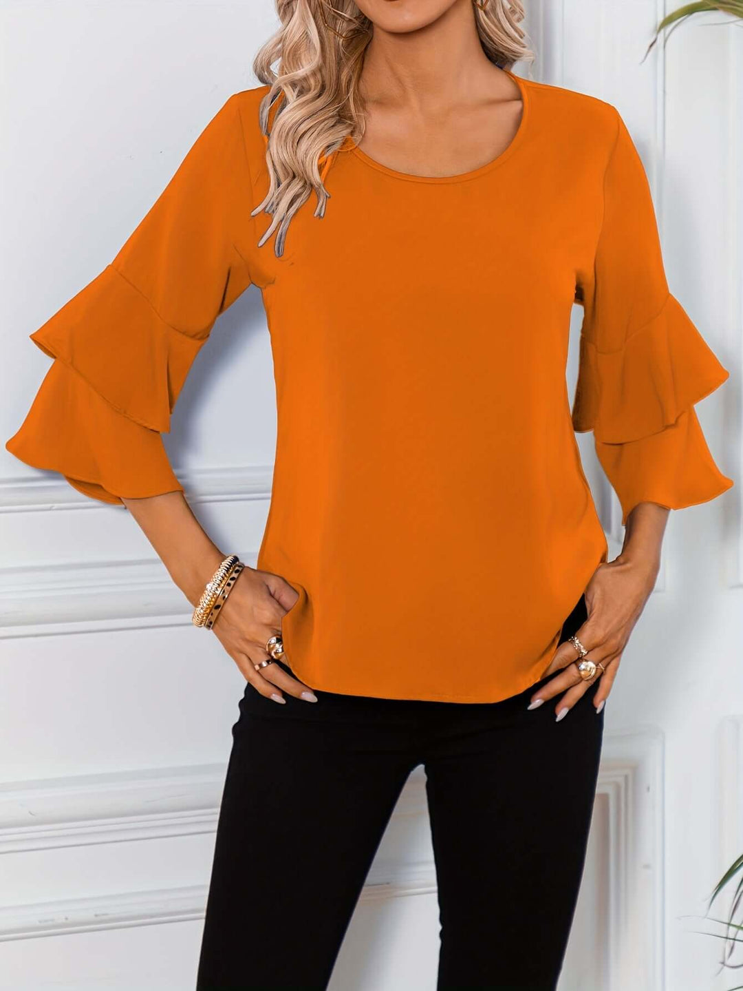 Women's Ruffle Sleeve Blouse - Round Neck, Regular Fit
