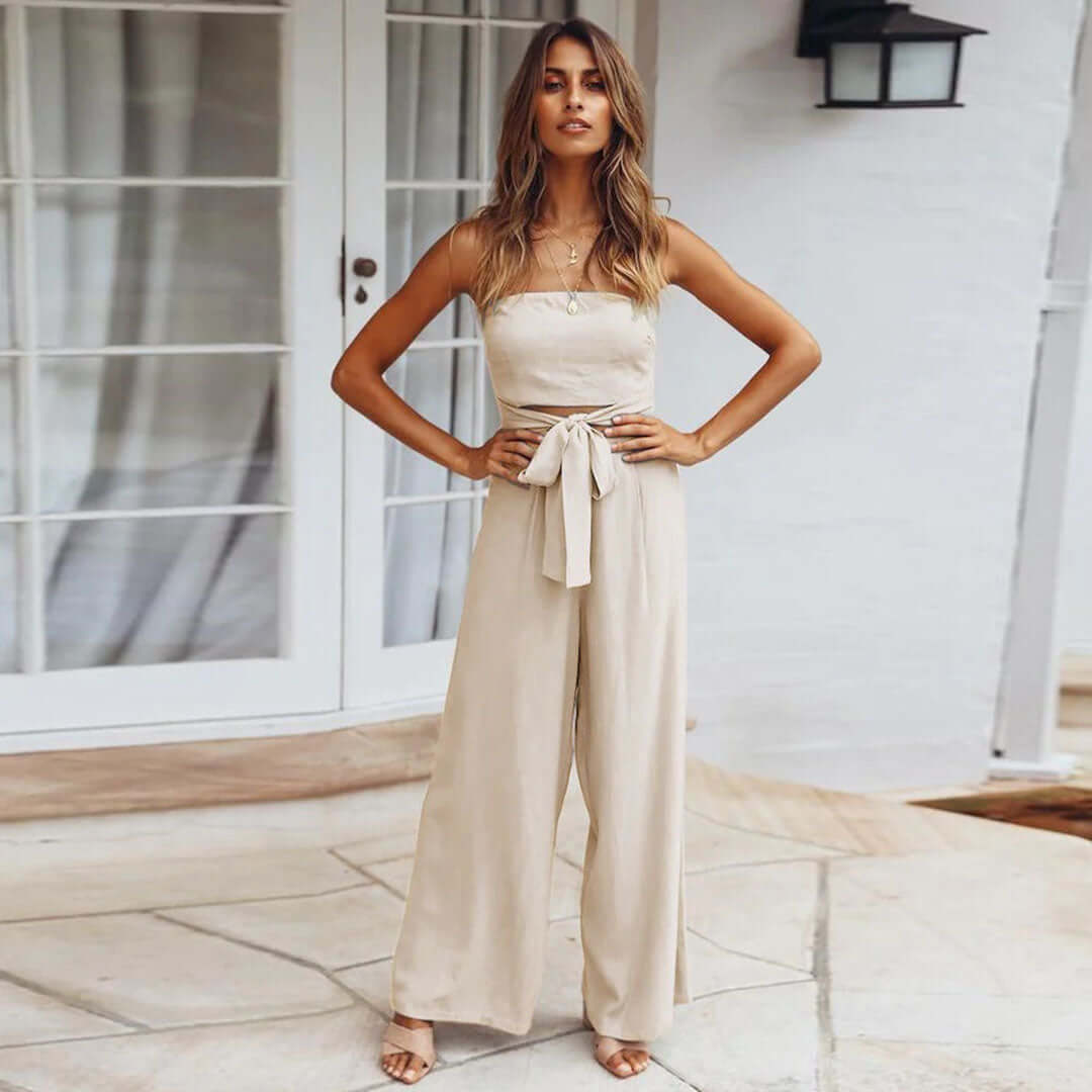 Women's Casual Strapless Jumpsuit with Elastic Waist