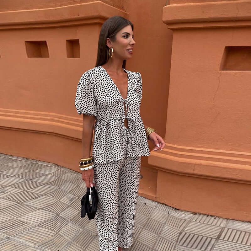 Women's Boho Chic Two-Piece Set: Puff Sleeve Top & Wide Leg Pants