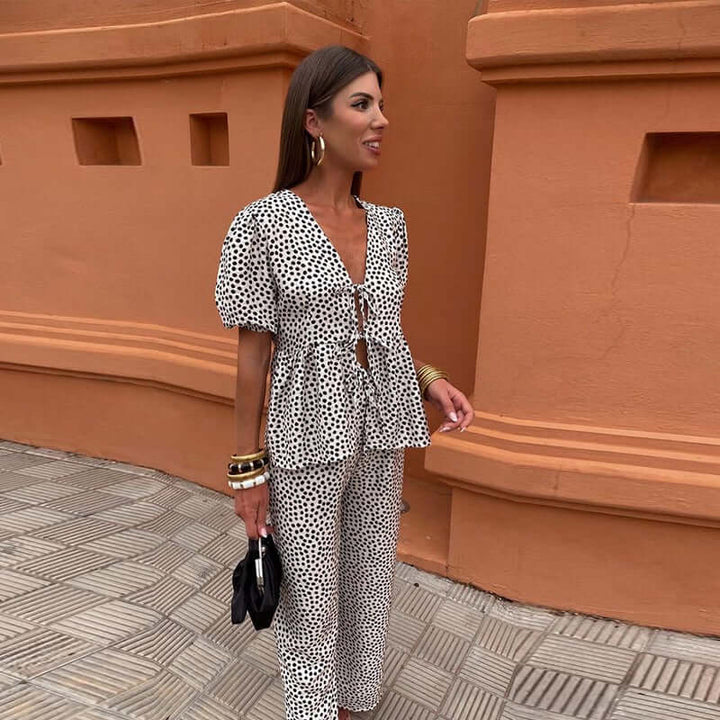 Women's Boho Chic Two-Piece Set: Puff Sleeve Top & Wide Leg Pants