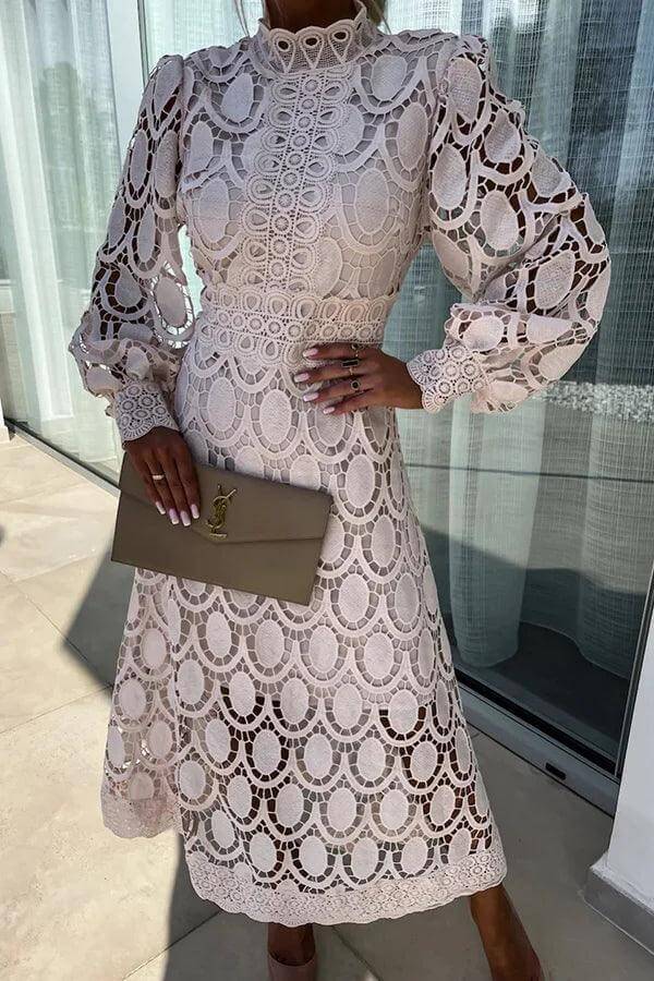 Elegant Lace Midi Dress with Puff Sleeves