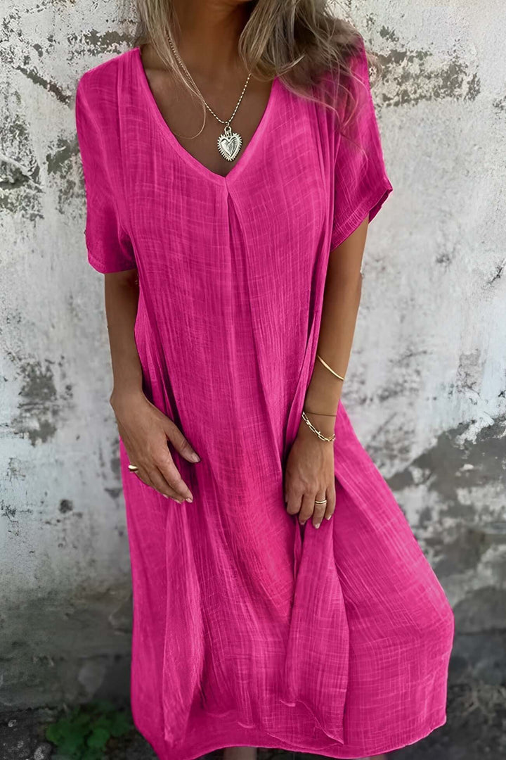 Lightweight Linen Midi Dress: V-Neck, Short Sleeves