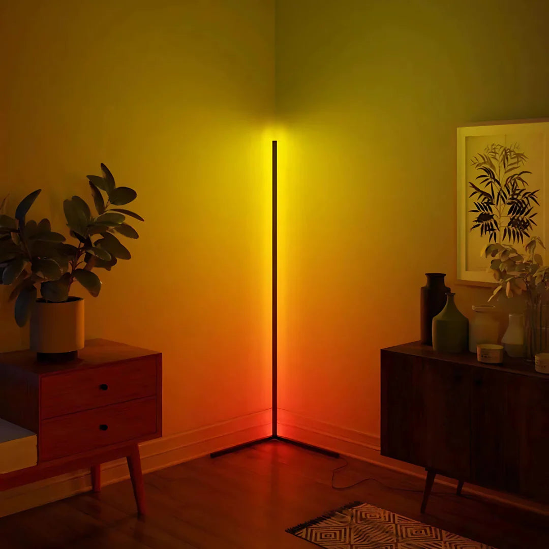 "Adjustable colorful floor lamp with smart features, showcasing dynamic hues and modern sleek design in a living room."