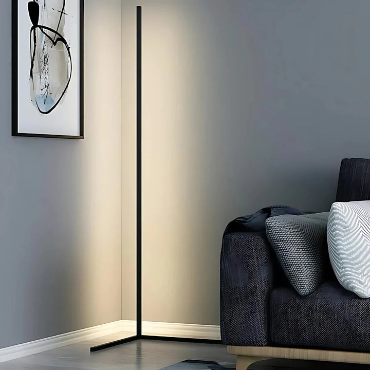 "Adjustable colorful floor lamp with smart features, showcasing dynamic hues and modern sleek design in a living room."