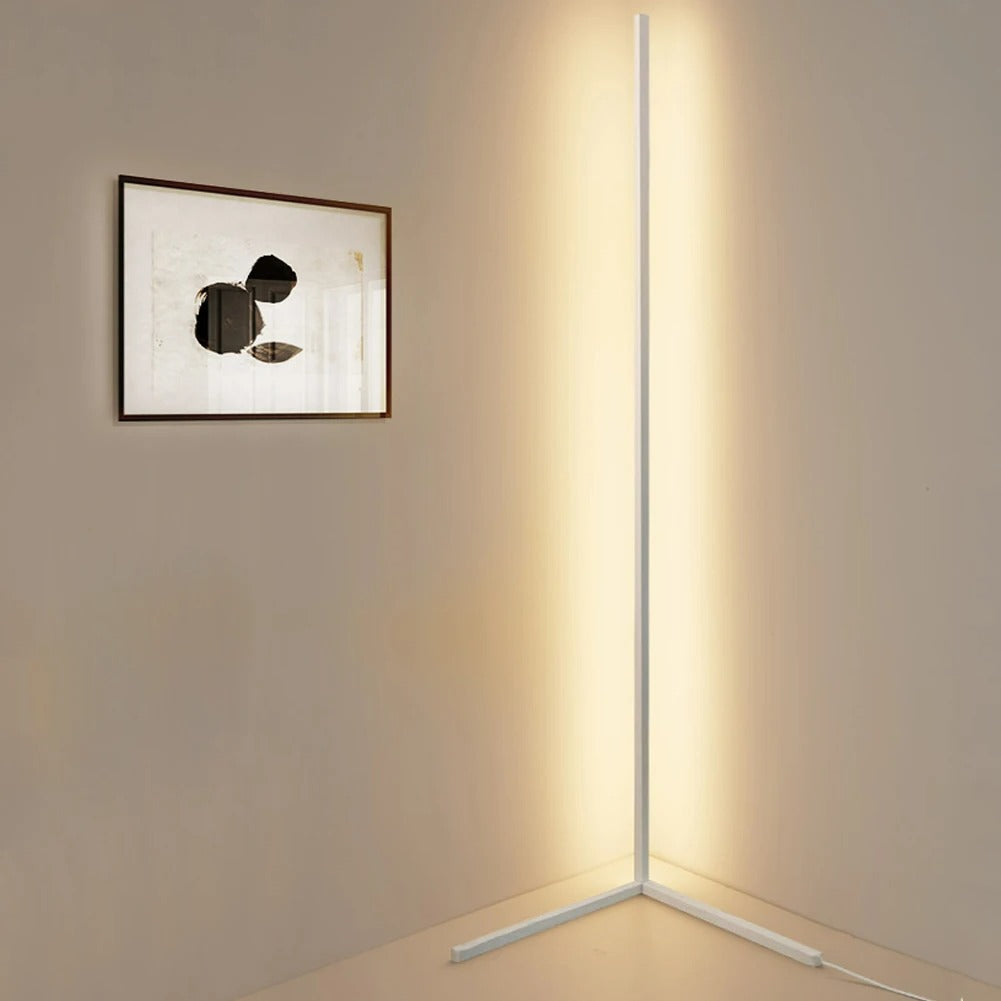 "Adjustable colorful floor lamp with smart features, showcasing dynamic hues and modern sleek design in a living room."