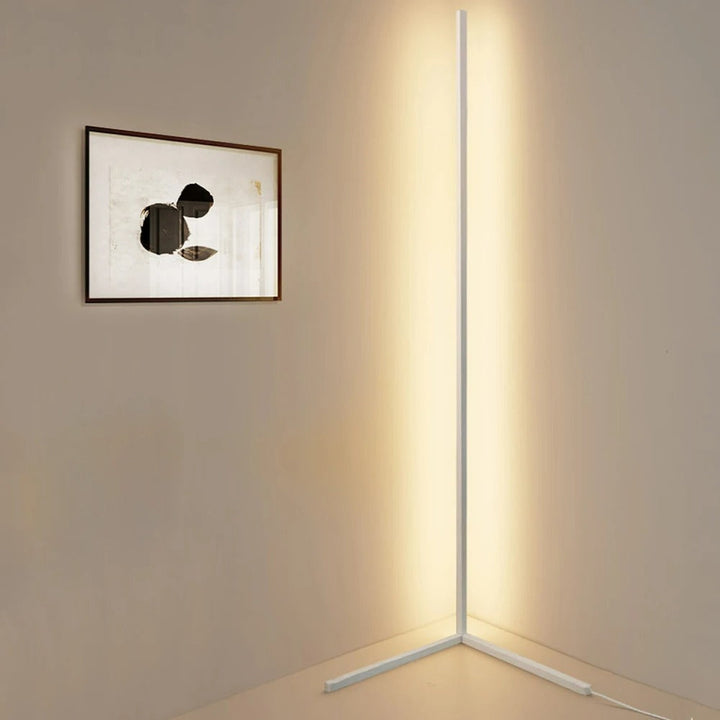 "Adjustable colorful floor lamp with smart features, showcasing dynamic hues and modern sleek design in a living room."