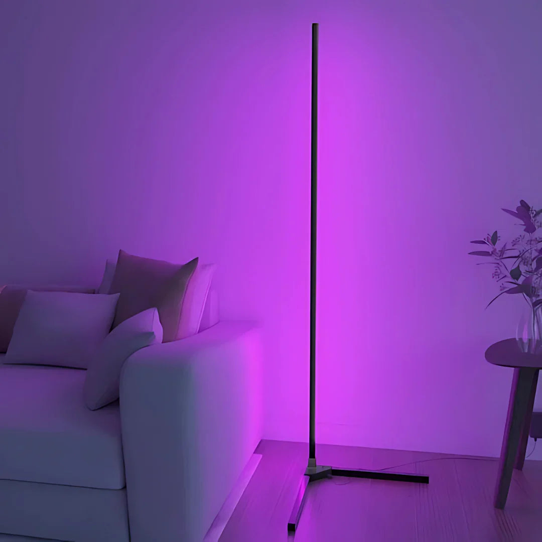 "Adjustable colorful floor lamp with smart features, showcasing dynamic hues and modern sleek design in a living room."
