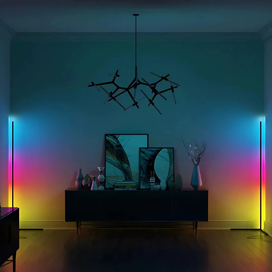 "Adjustable colorful floor lamp with smart features, showcasing dynamic hues and modern sleek design in a living room."
