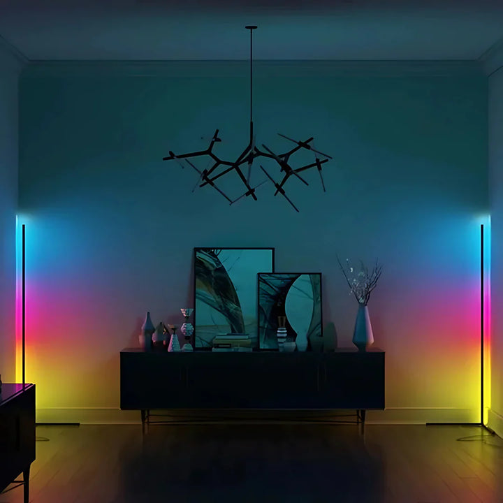 "Adjustable colorful floor lamp with smart features, showcasing dynamic hues and modern sleek design in a living room."