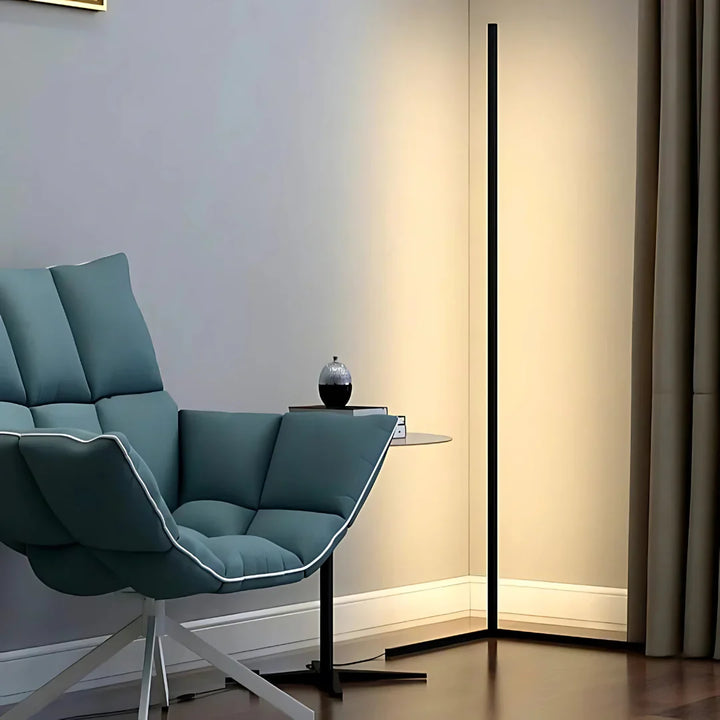 "Adjustable colorful floor lamp with smart features, showcasing dynamic hues and modern sleek design in a living room."
