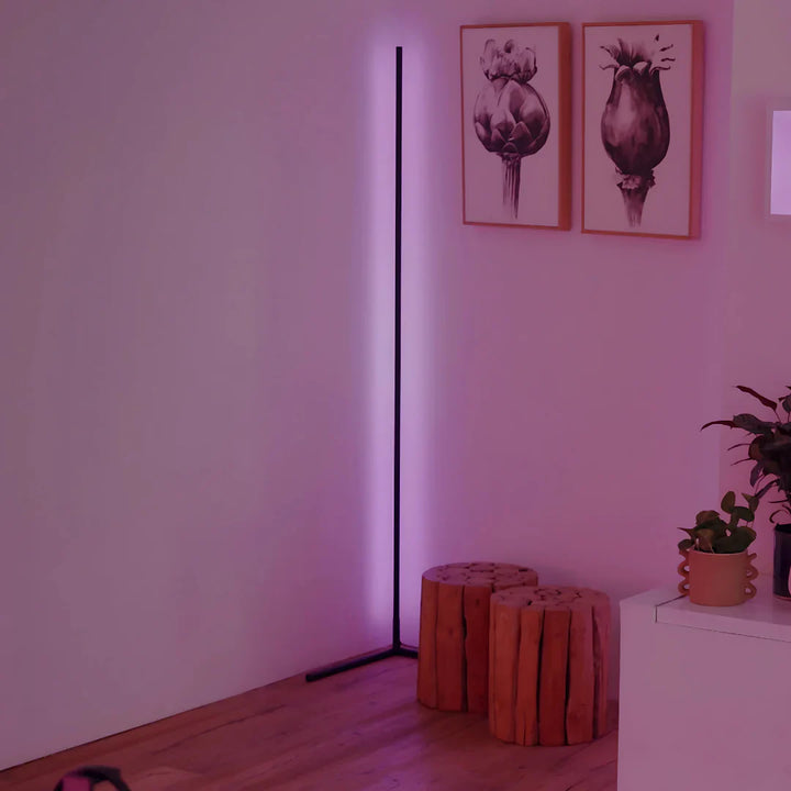 "Adjustable colorful floor lamp with smart features, showcasing dynamic hues and modern sleek design in a living room."