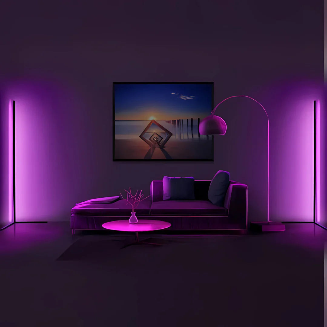 "Adjustable colorful floor lamp with smart features, showcasing dynamic hues and modern sleek design in a living room."