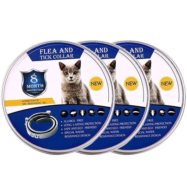 "Adjustable waterproof flea and tick collar for cats and dogs, featuring natural essential oils and eco-friendly design."