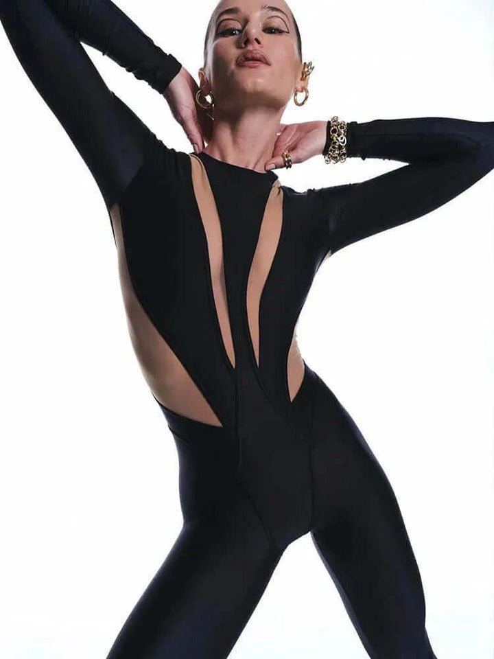 Women's Mesh Patchwork Jumpsuit: Long Sleeve, Skinny Fit