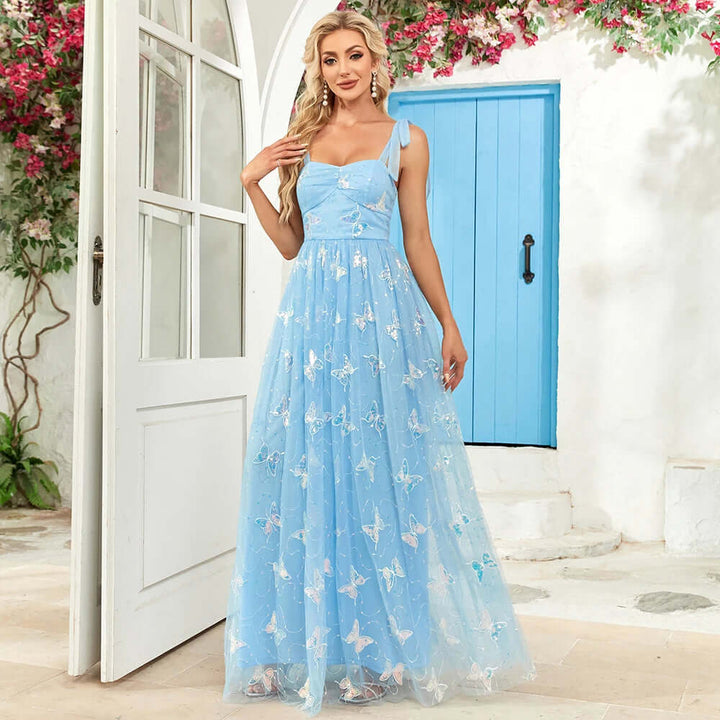 Elegant A-Line Evening Gown with Butterfly Embroidery