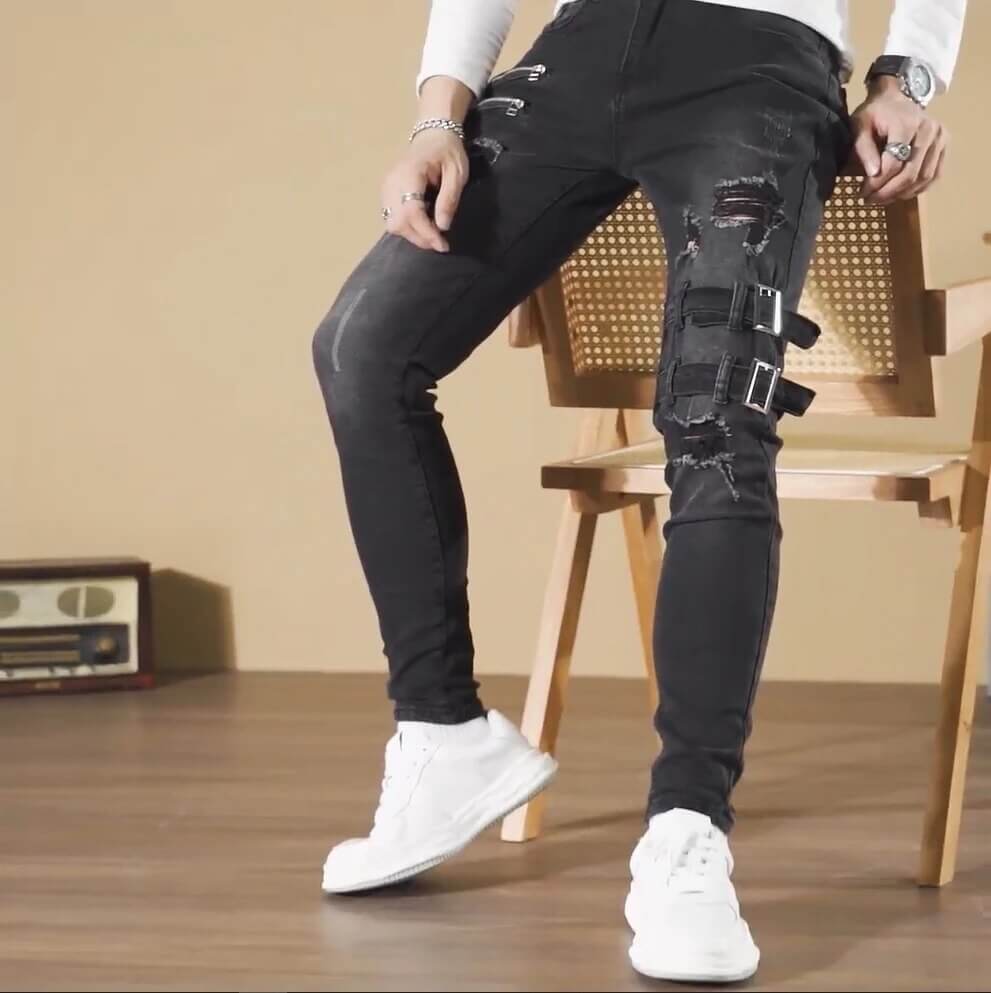 Men's Buckle Detail Skinny Ripped Jeans