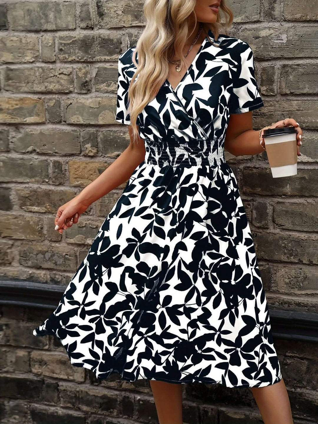 Elegant Floral Midi Dress with Smocked Detail