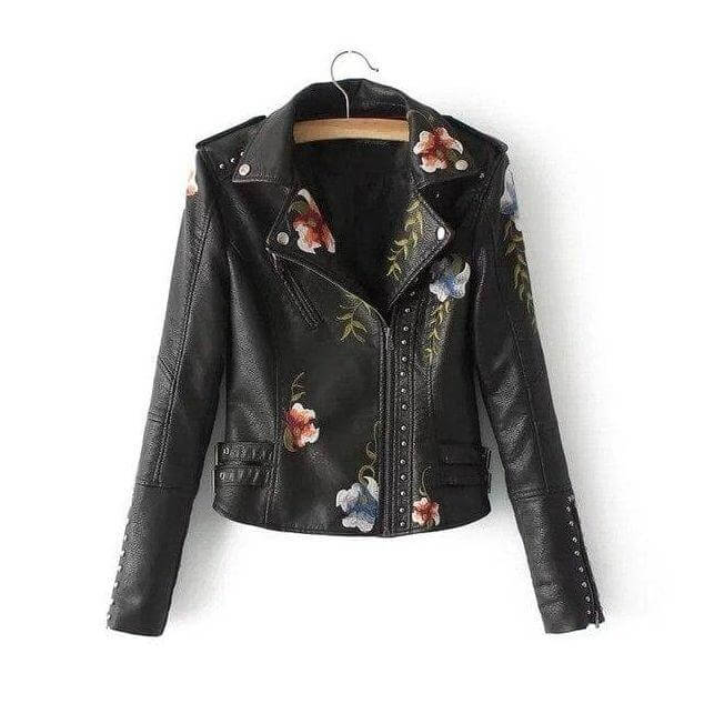 Women's Casual Floral PU Leather Jacket