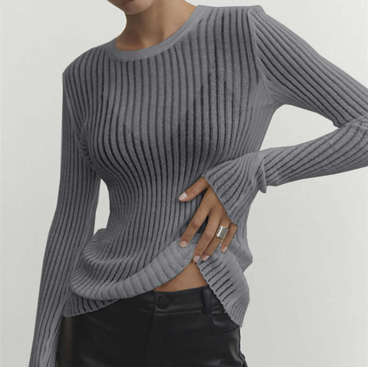 Women's Mesh Long Sleeve Ribbed Top