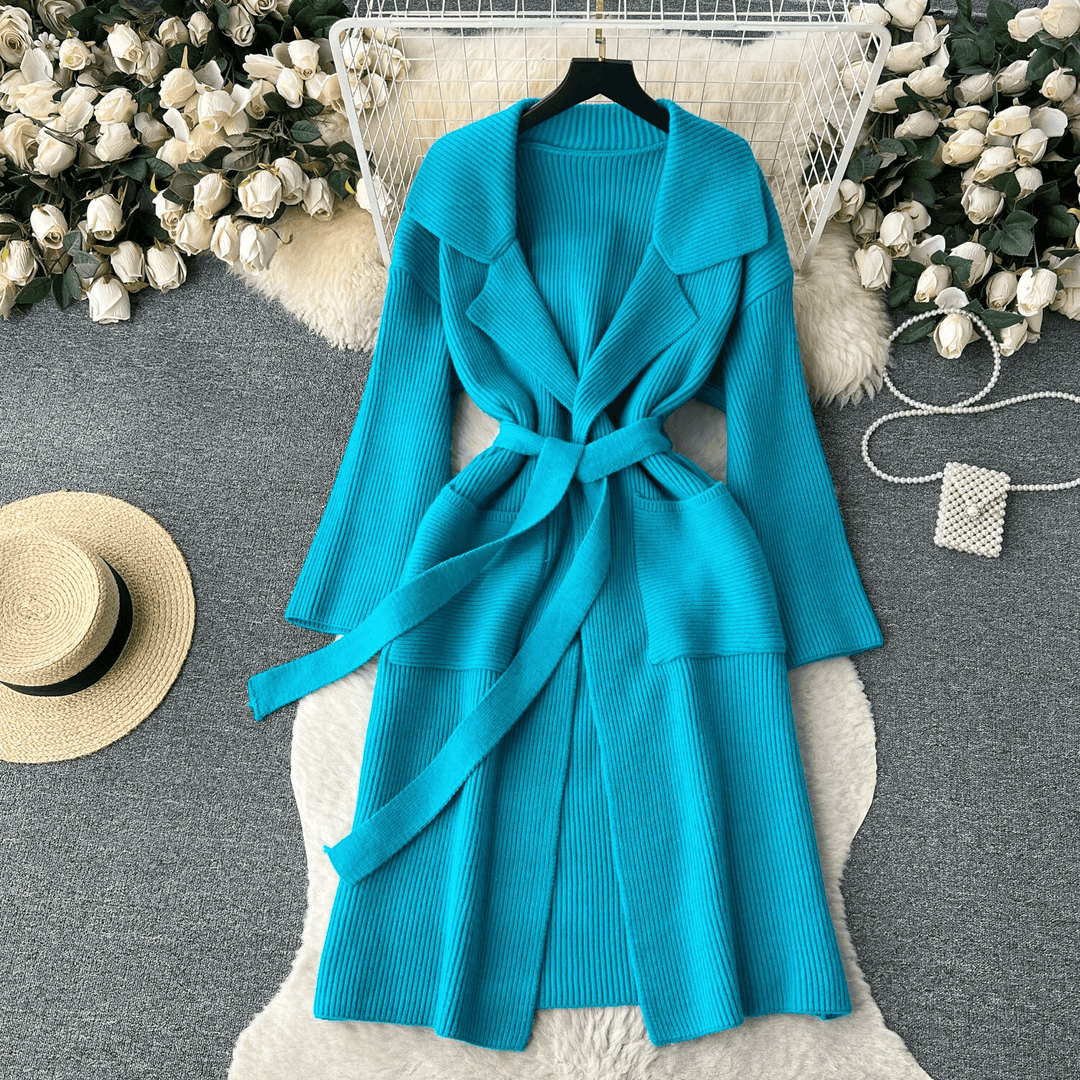 Women's Long Knit Cardigan: Open Front, Shawl Collar, Belted