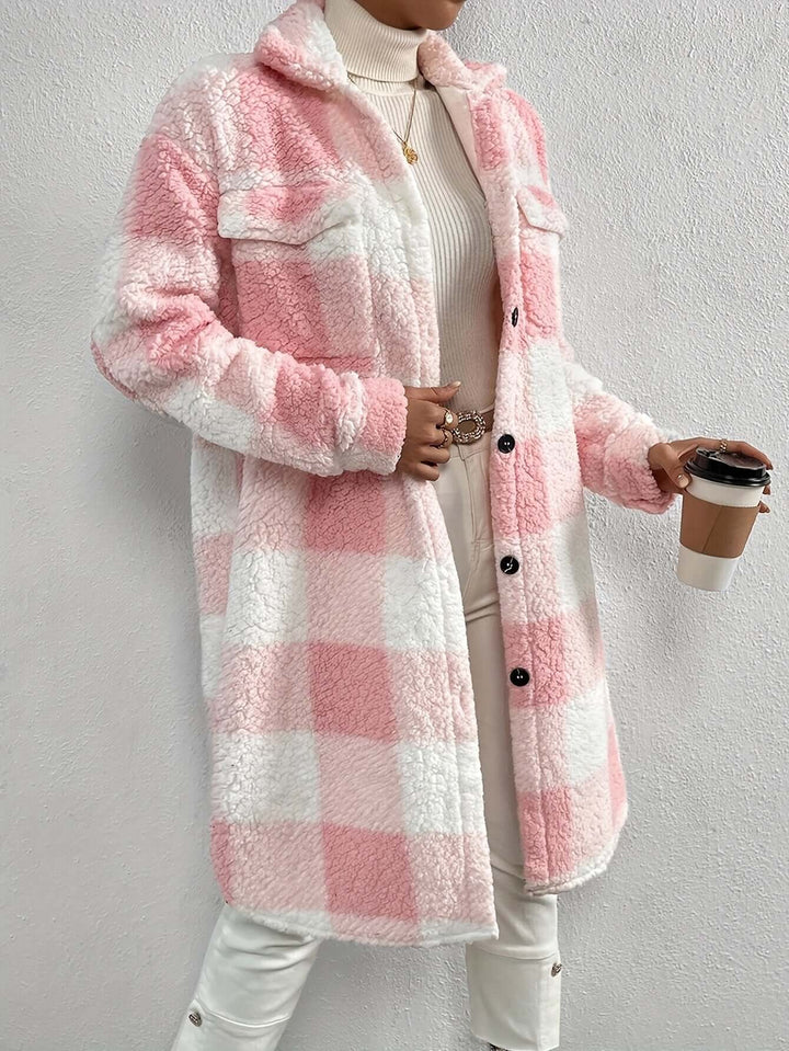 Women's Long Sleeve Checked Coat: Stylish & Warm Outerwear