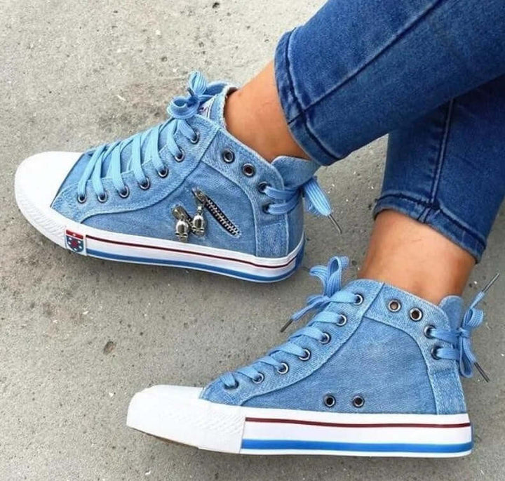 Women's Denim High-Top Lace-Up Sneakers