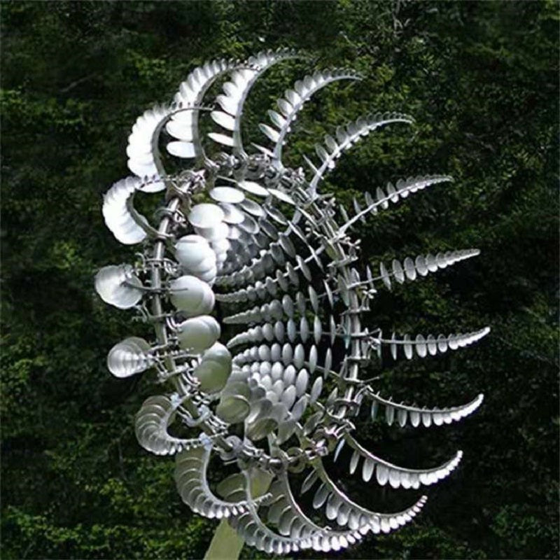 Anti-rust kinetic metal wind spinner, 18 blades, captures wind for garden decor, durable, weatherproof, vibrant spinning art.