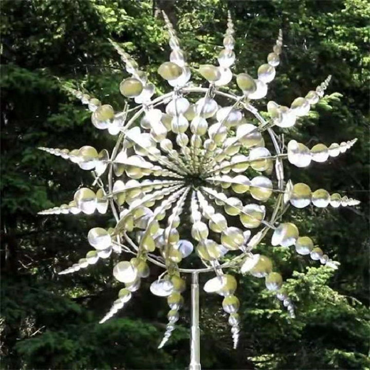 Anti-rust kinetic metal wind spinner, 18 blades, captures wind for garden decor, durable, weatherproof, vibrant spinning art.