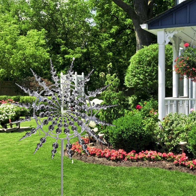 Anti-rust kinetic metal wind spinner, 18 blades, captures wind for garden decor, durable, weatherproof, vibrant spinning art.