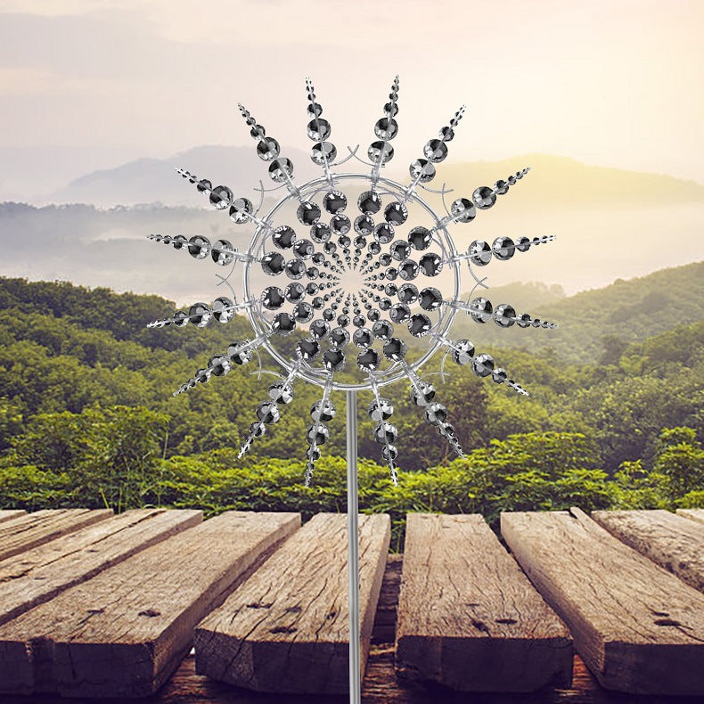 Anti-rust kinetic metal wind spinner, 18 blades, captures wind for garden decor, durable, weatherproof, vibrant spinning art.