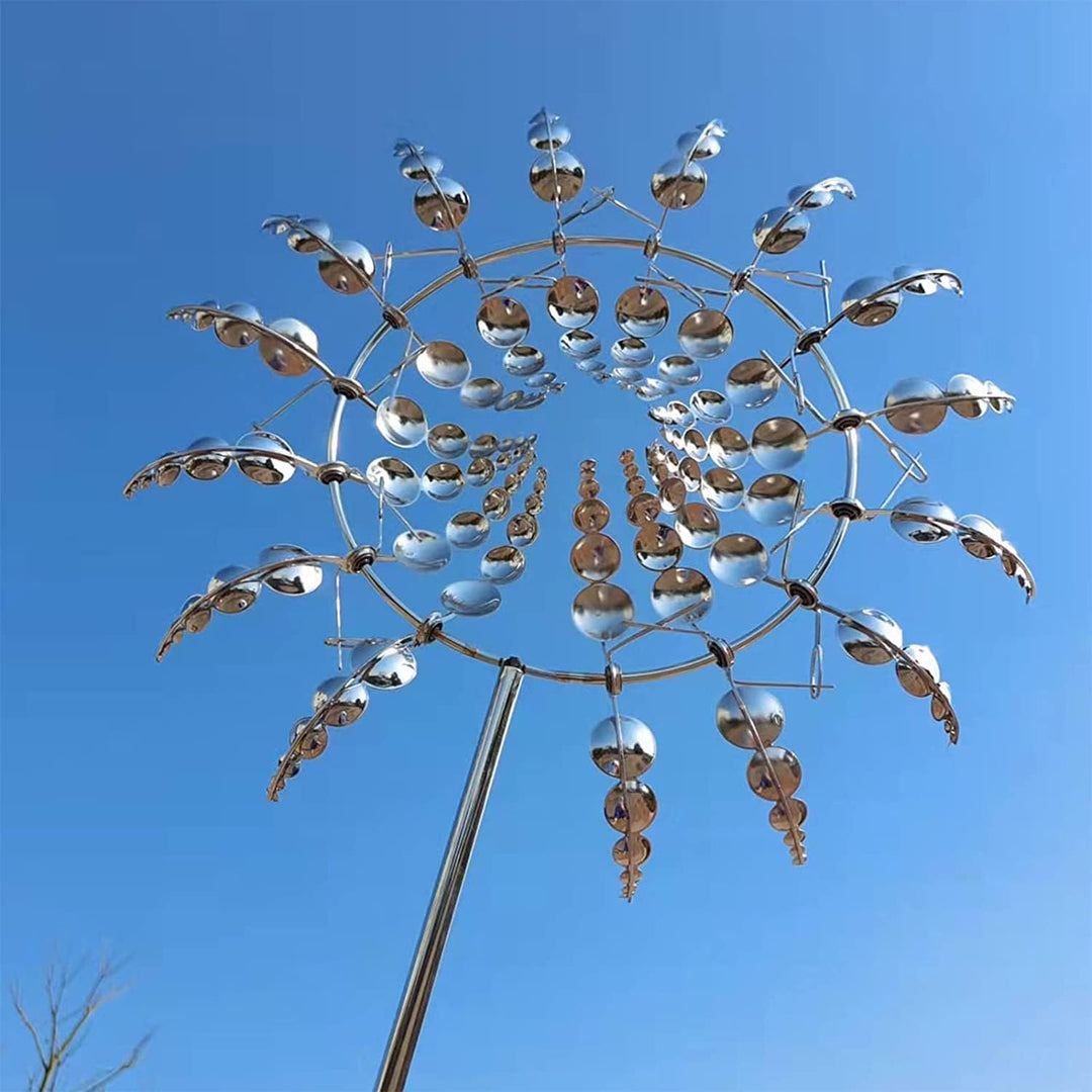 Anti-rust kinetic metal wind spinner, 18 blades, captures wind for garden decor, durable, weatherproof, vibrant spinning art.